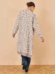 Yumi Cream Animal Print Intarsia Long Cardigan - Image 4 of 4
