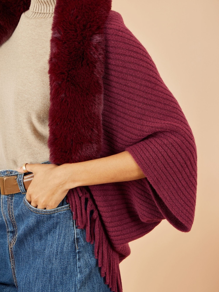 Yumi Red Fur Collar Shrug With Tassel Hem - Image 4 of 4