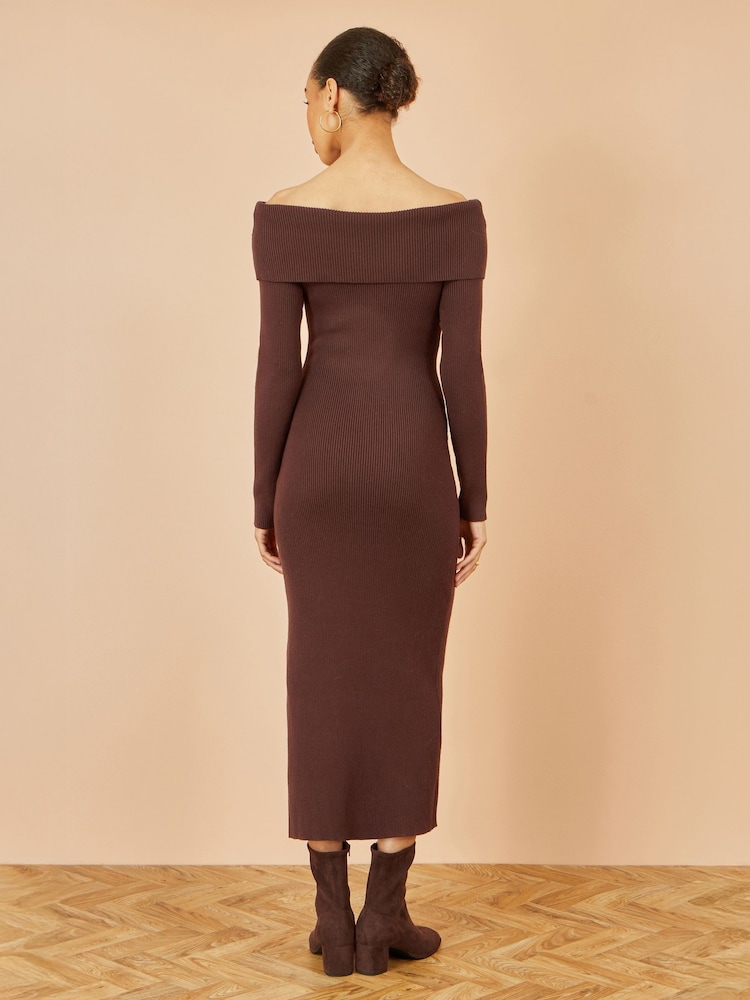 Yumi Brown Bardot Knitted Fitted Midi Dress - Image 2 of 3 Yumi Brown Bardot Knitted Fitted Midi Dress - Image 2 of 3