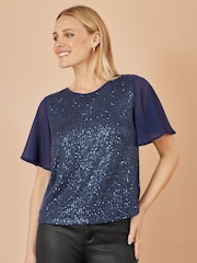 Yumi Blue Sequin Top With Sheer Sleeves And Cut Out Back - Image 1 of 4