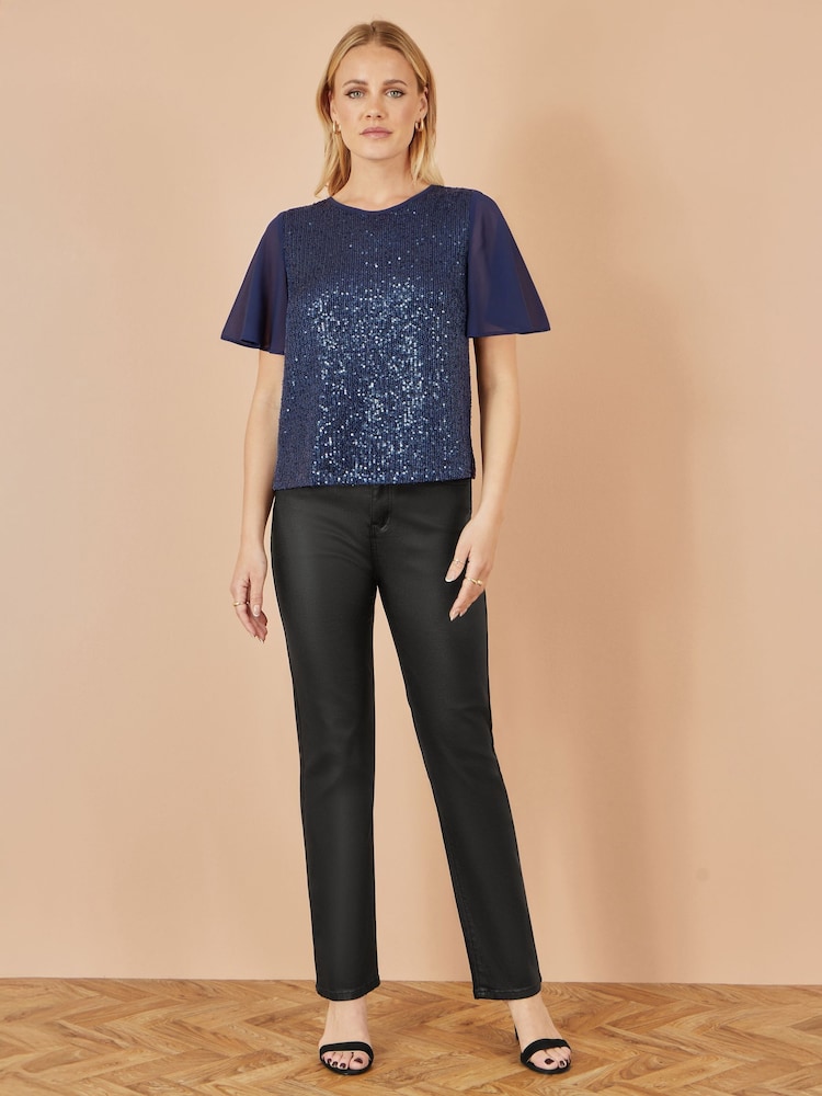Yumi Blue Sequin Top With Sheer Sleeves And Cut Out Back - Image 2 of 4