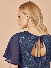 Yumi Blue Sequin Top With Sheer Sleeves And Cut Out Back - Image 3 of 4