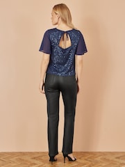 Yumi Blue Sequin Top With Sheer Sleeves And Cut Out Back - Image 4 of 4