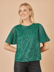 Yumi Green Sequin Top With Sheer Sleeves And Cut Out Back - Image 1 of 5
