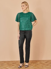 Yumi Green Sequin Top With Sheer Sleeves And Cut Out Back - Image 2 of 5