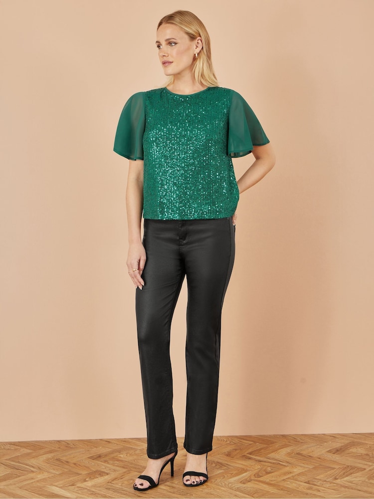 Yumi Green Sequin Top With Sheer Sleeves And Cut Out Back - Image 2 of 5