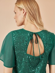 Yumi Green Sequin Top With Sheer Sleeves And Cut Out Back - Image 4 of 5