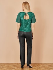 Yumi Green Sequin Top With Sheer Sleeves And Cut Out Back - Image 5 of 5