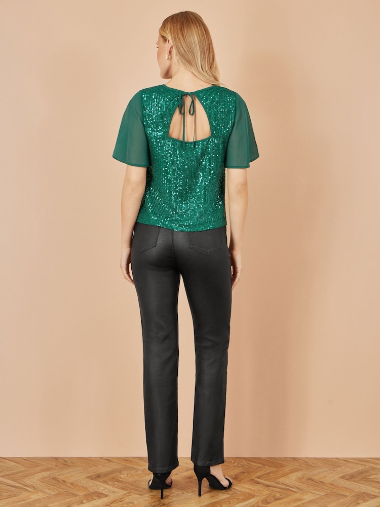 Yumi Green Sequin Top With Sheer Sleeves And Cut Out Back - Image 5 of 5