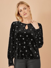 Yumi Black Sparkle Bow Print Velvet Top - Image 1 of 5
