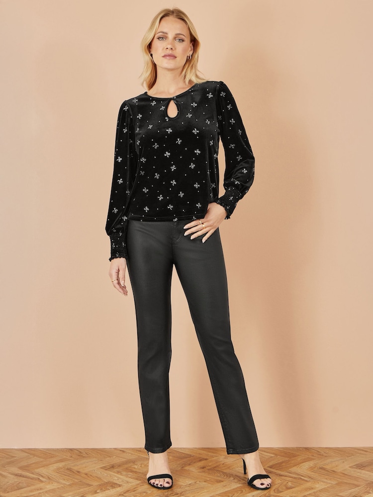 Yumi Black Sparkle Bow Print Velvet Top - Image 2 of 5