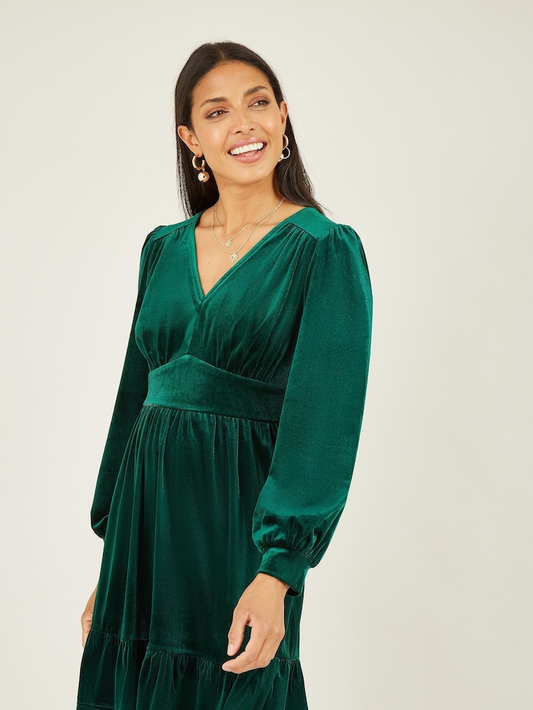 Yumi Green Velvet Long Sleeve Skater Dress - Image 2 of 5