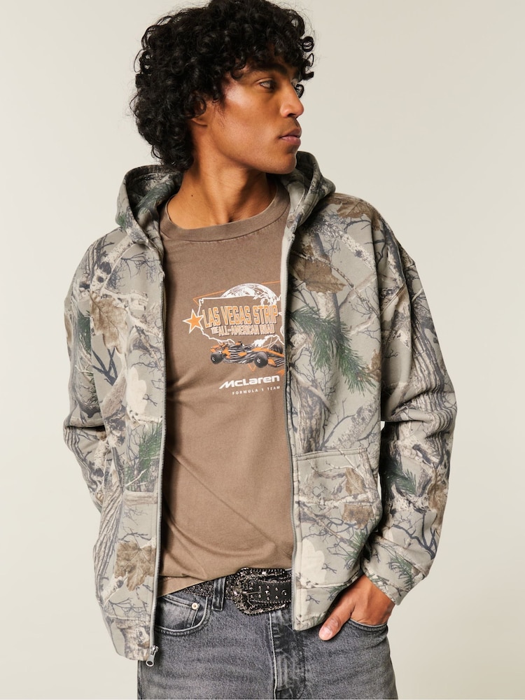 Hollister Grey Camo Print Logo Zip Through Hoodie - Image 1 of 3