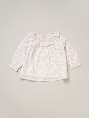 Rock-A-Bye Baby Boutique Pink Woven Dobby Blouse True Knit Footed Trousers and Headband Outfit Set - Image 2 of 6