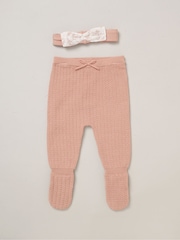 Rock-A-Bye Baby Boutique Pink Woven Dobby Blouse True Knit Footed Trousers and Headband Outfit Set - Image 3 of 6