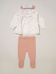 Rock-A-Bye Baby Boutique Pink Woven Dobby Blouse True Knit Footed Trousers and Headband Outfit Set - Image 4 of 6