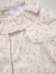 Rock-A-Bye Baby Boutique Pink Woven Dobby Blouse True Knit Footed Trousers and Headband Outfit Set - Image 5 of 6