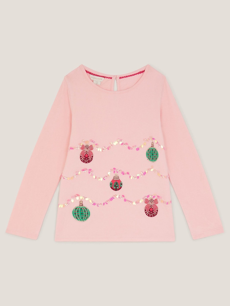 Monsoon Pink Christmas Baubles Long Sleeve Top - Image 1 of 3