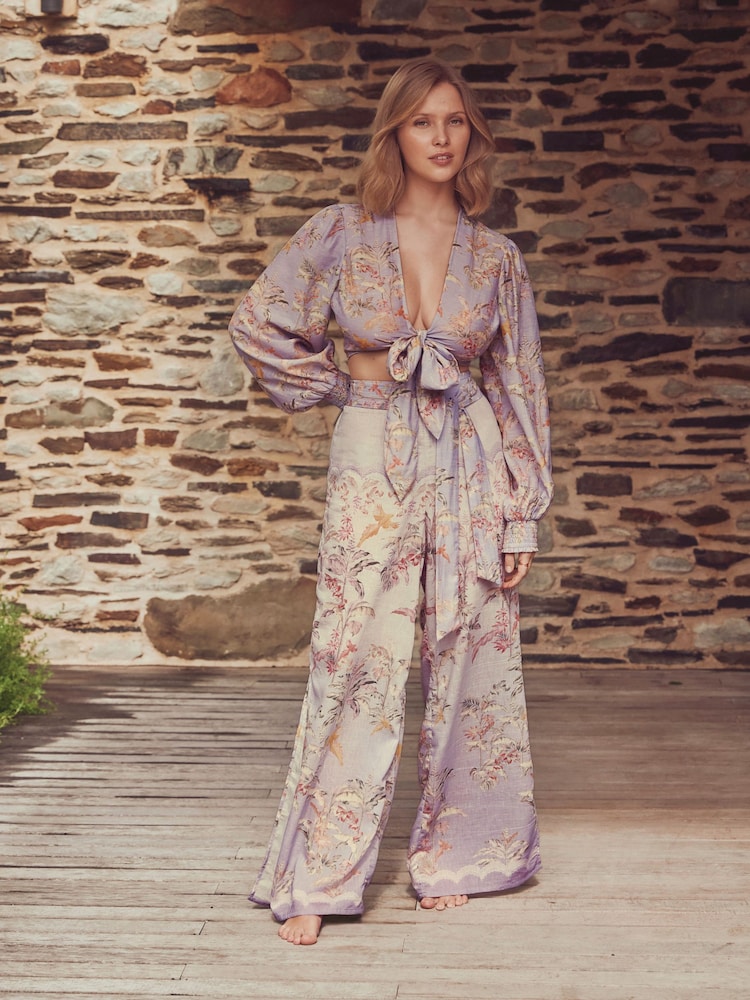 B by Ted Baker Lilac Palm Viscose Linen Blend Beach Trousers - Image 1 of 6