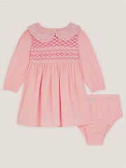 Monsoon Pink Baby Floral Smocked Dress & Briefs Set - Image 1 of 3
