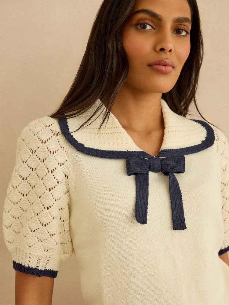 Love & Roses Ivory Bow Detail Sailor Collar Knitted Jumper - Image 2 of 4