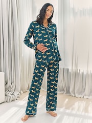 Chelsea Peers Green Maternity Sausage Dog Stroll Print Long Pyjama Set - Image 1 of 6