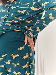 Chelsea Peers Green Maternity Sausage Dog Stroll Print Long Pyjama Set - Image 4 of 6
