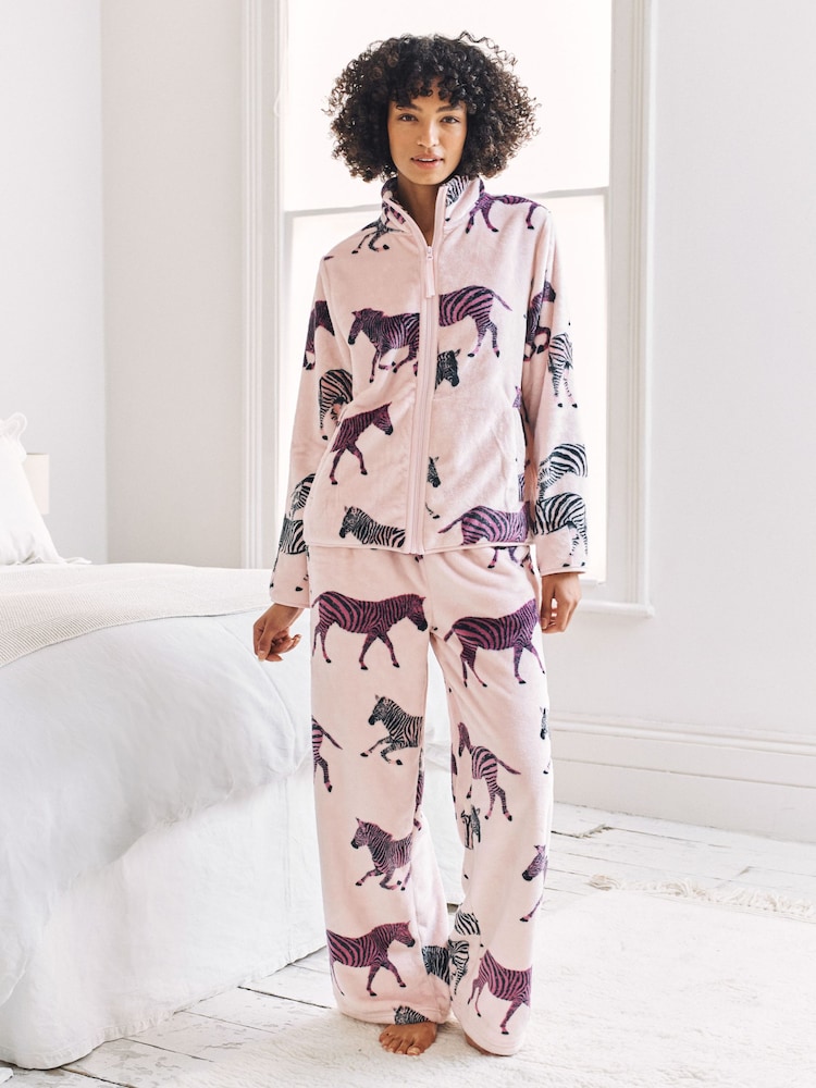 Chelsea Peers Pink Fleece Zebra Print Sweatshirt & Joggers Co-ord - Image 1 of 6 Chelsea Peers Pink Fleece Zebra Print Sweatshirt & Joggers Co-ord - Image 1 of 6
