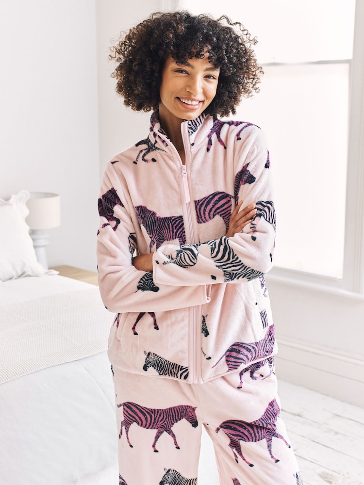 Chelsea Peers Pink Fleece Zebra Print Sweatshirt & Joggers Co-ord - Image 2 of 6 Chelsea Peers Pink Fleece Zebra Print Sweatshirt & Joggers Co-ord - Image 2 of 6
