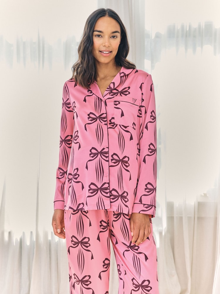 Chelsea Peers Pink Maternity Satin Bow Print Long Pyjamas Set - Image 2 of 6 Chelsea Peers Pink Maternity Satin Bow Print Long Pyjamas Set - Image 2 of 6