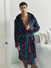 Chelsea Peers Blue Fleece Stripe Hooded Dressing Gown - Image 3 of 5