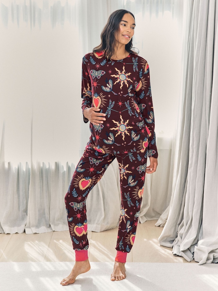Chelsea Peers Red Maternity Enchanted Glade Print Long Pyjamas Set - Image 1 of 6 Chelsea Peers Red Maternity Enchanted Glade Print Long Pyjamas Set - Image 1 of 6