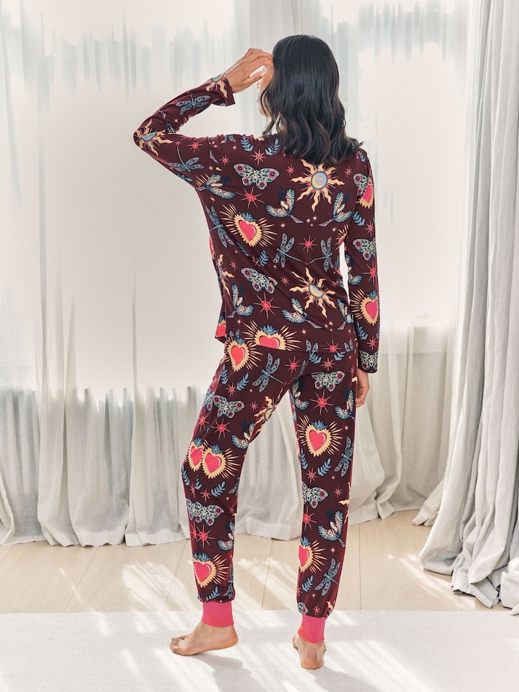 Chelsea Peers Red Maternity Enchanted Glade Print Long Pyjamas Set - Image 2 of 6 Chelsea Peers Red Maternity Enchanted Glade Print Long Pyjamas Set - Image 2 of 6