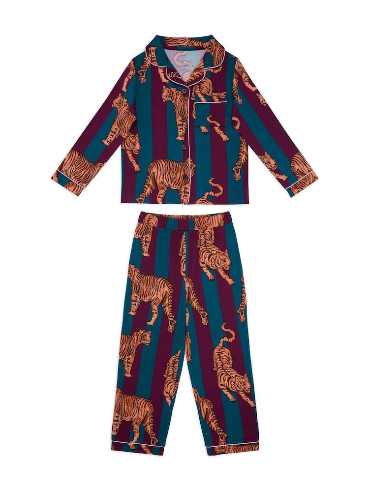 Chelsea Peers Red Kids Tiger Stripe Print Long Pyjamas Set - Image 1 of 3 Chelsea Peers Red Kids Tiger Stripe Print Long Pyjamas Set - Image 1 of 3