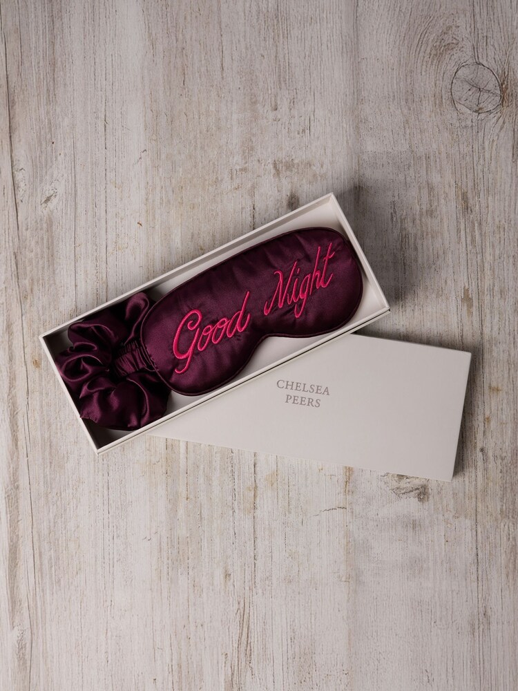 Chelsea Peers Pink Satin Embroidered Good Night Sleep Mask & Scrunchie Set - Image 1 of 5