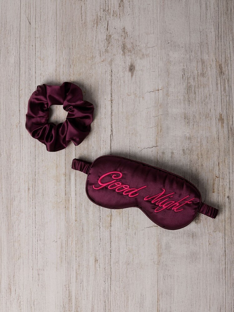 Chelsea Peers Pink Satin Embroidered Good Night Sleep Mask & Scrunchie Set - Image 2 of 5 Chelsea Peers Pink Satin Embroidered Good Night Sleep Mask & Scrunchie Set - Image 2 of 5