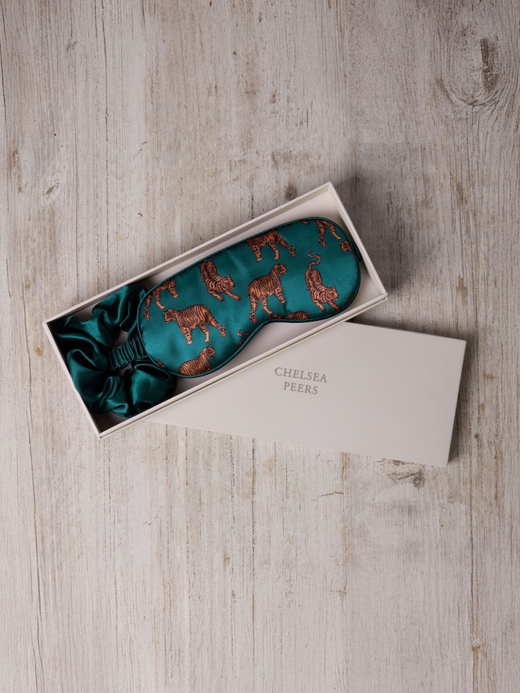 Chelsea Peers Green Satin Tiger Print Sleep Mask & Scrunchie Gift Set - Image 1 of 4