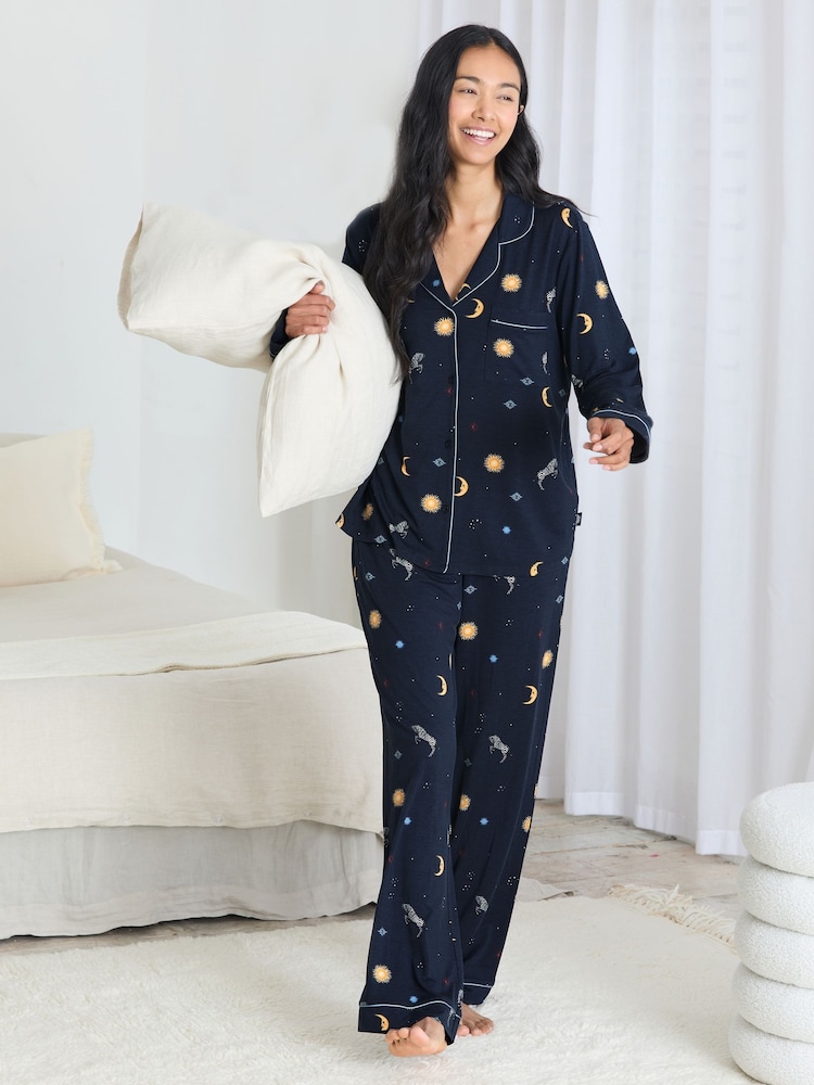 Chelsea Peers Blue TENCEL™ Modal Celestial Zebra Long Pyjamas Set - Image 1 of 6 Chelsea Peers Blue TENCEL™ Modal Celestial Zebra Long Pyjamas Set - Image 1 of 6