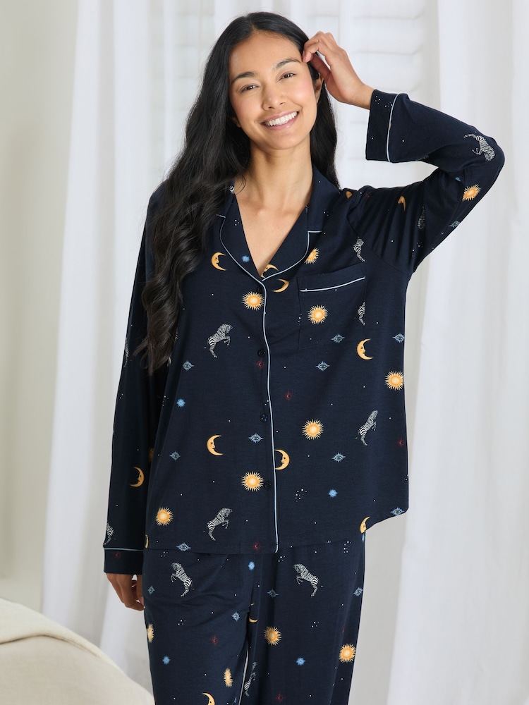Chelsea Peers Blue TENCEL™ Modal Celestial Zebra Long Pyjamas Set - Image 2 of 6 Chelsea Peers Blue TENCEL™ Modal Celestial Zebra Long Pyjamas Set - Image 2 of 6