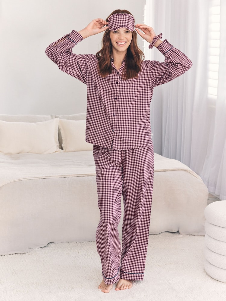 Chelsea Peers Pink Gingham Check Frilled Collar Long Pyjamas Set - Image 1 of 7 Chelsea Peers Pink Gingham Check Frilled Collar Long Pyjamas Set - Image 1 of 7