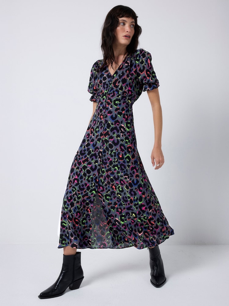 SCAMP & DUDE Grey Flute Sleeve Midi Tea Dress with Leopard & Lightning Bolt - Image 1 of 5