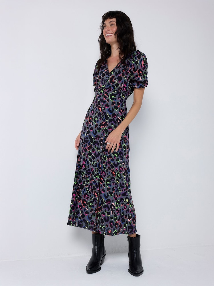 SCAMP & DUDE Grey Flute Sleeve Midi Tea Dress with Leopard & Lightning Bolt - Image 2 of 5
