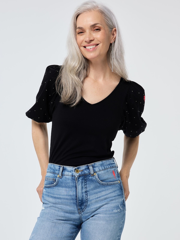 SCAMP & DUDE Black V Neck Puff Sleeve T-shirt Studded - Image 1 of 5 SCAMP & DUDE Black V Neck Puff Sleeve T-shirt Studded - Image 1 of 5