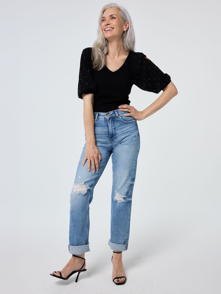 SCAMP & DUDE Black V Neck Puff Sleeve T-shirt Studded - Image 2 of 5 SCAMP & DUDE Black V Neck Puff Sleeve T-shirt Studded - Image 2 of 5