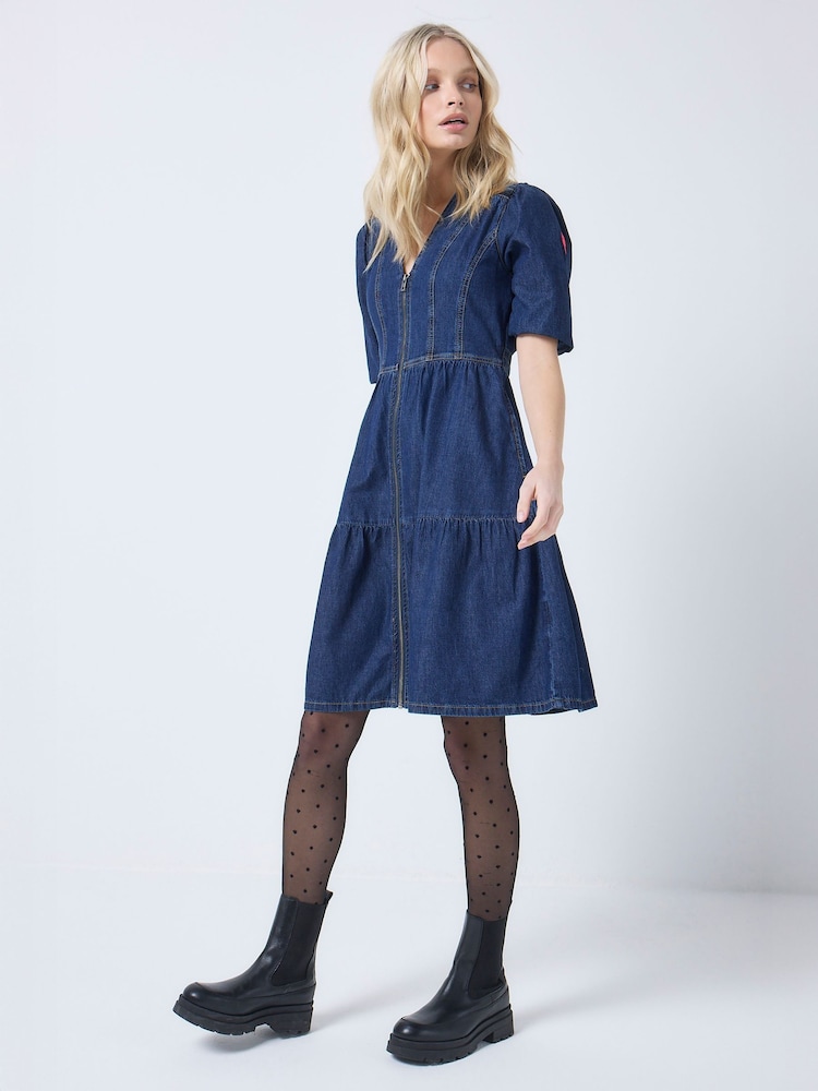 SCAMP & DUDE Blue Denim Zip Front Short Tiered Dress - Image 2 of 5