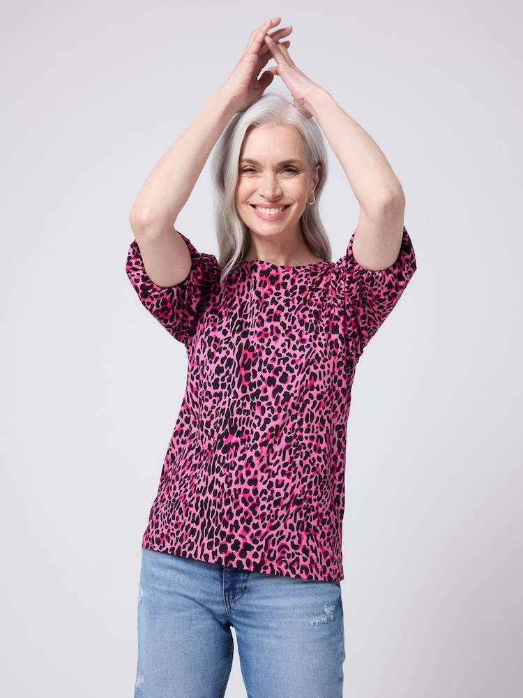 SCAMP & DUDE Pink Puff Sleeve T-Shirt Wild Leopard and Lightning Bolt - Image 1 of 5 SCAMP & DUDE Pink Puff Sleeve T-Shirt Wild Leopard and Lightning Bolt - Image 1 of 5