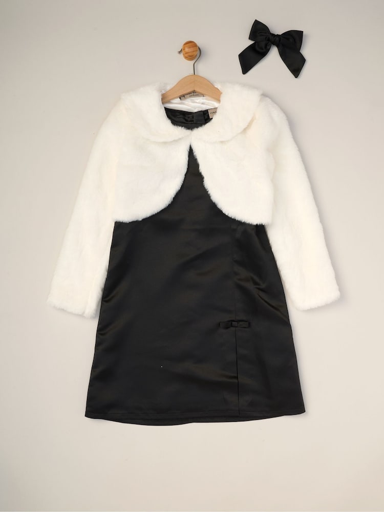 Miss Satin Shift Dress Faux Fur Cardigan and Bow Clip Set - Image 1 of 5 Miss Satin Shift Dress Faux Fur Cardigan and Bow Clip Set - Image 1 of 5