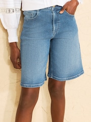 Love & Roses Mid Blue Denim Plait Waistband Bermuda Shorts - Image 1 of 4