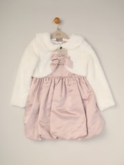 Miss Bubble Hem Satin Dress Faux Fur Cardigan and Bow Clip Set - Image 2 of 5