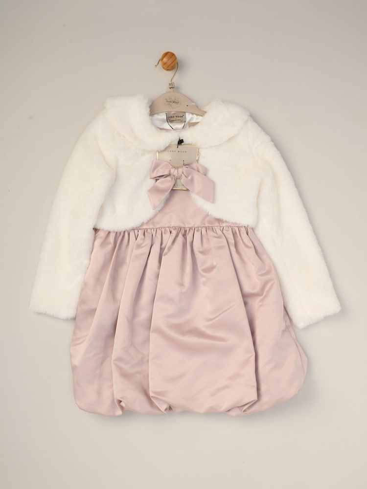 Miss Bubble Hem Satin Dress Faux Fur Cardigan and Bow Clip Set - Image 2 of 5 Miss Bubble Hem Satin Dress Faux Fur Cardigan and Bow Clip Set - Image 2 of 5
